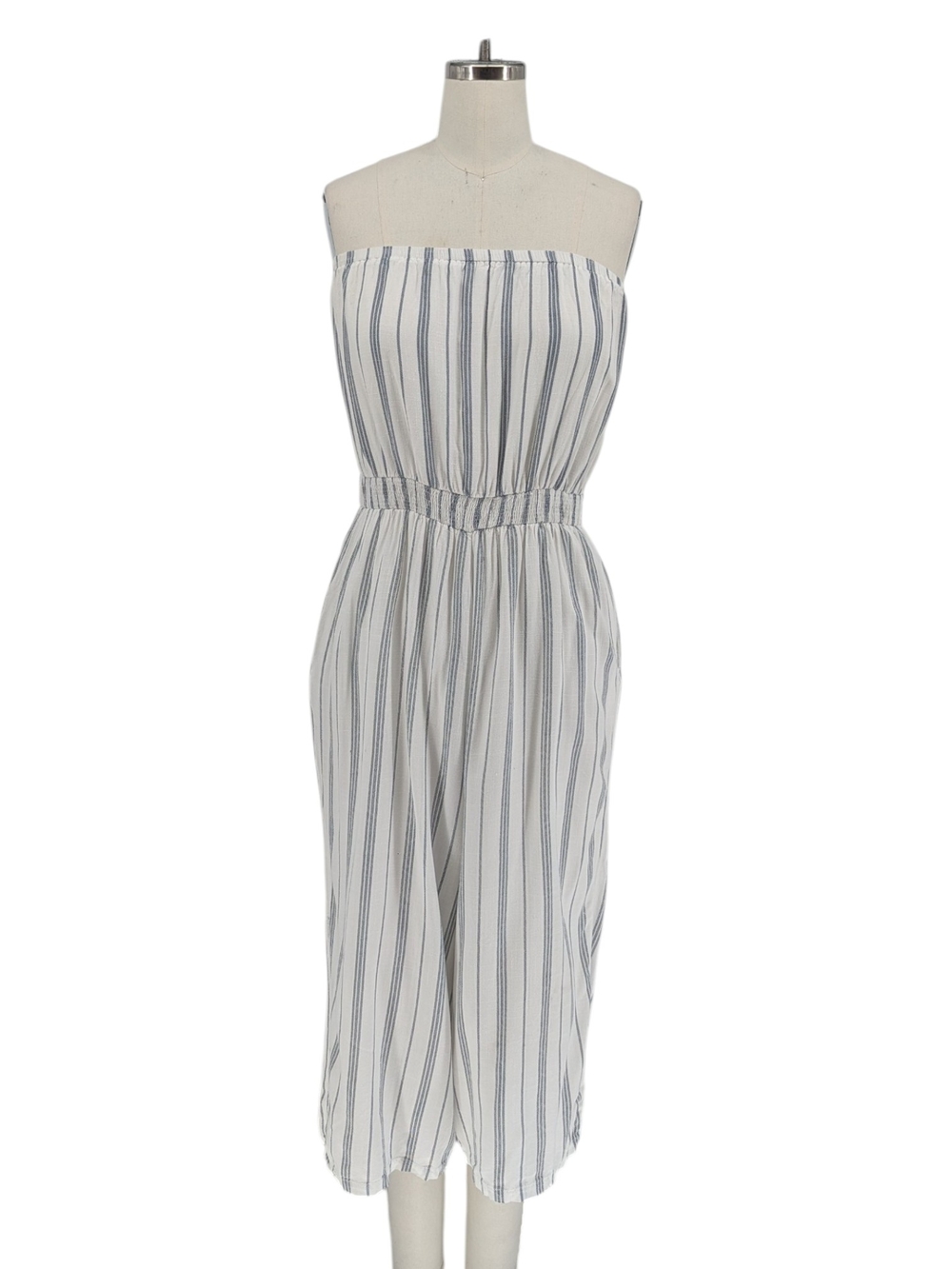 01080 Hem & Thread Striped Strapless Jumpsuit White Blue size Medium bohemian